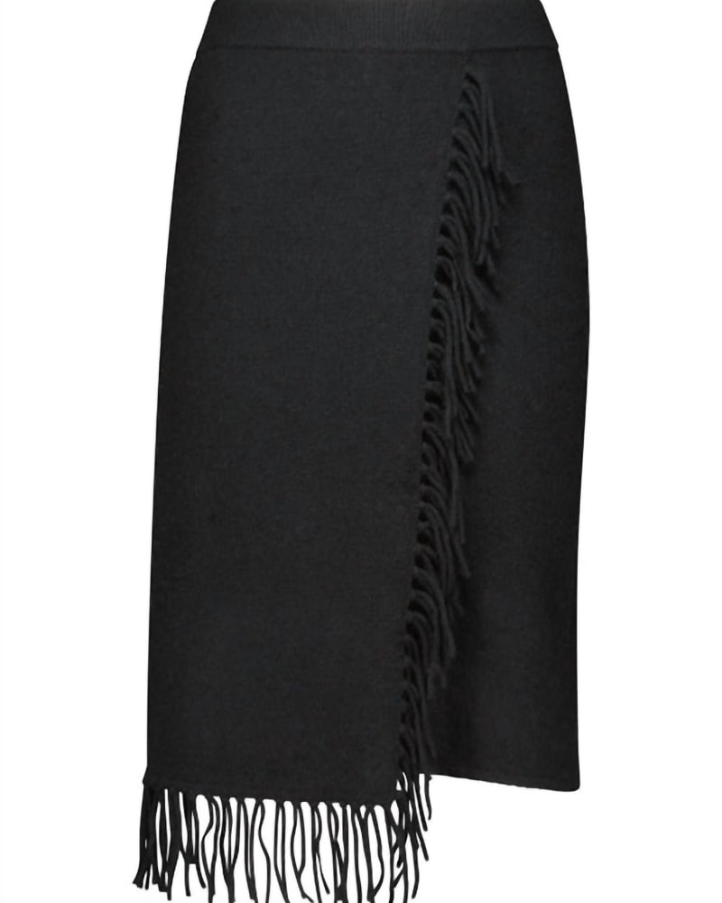 Front of a size Large Cashmere Fringe Wrap Skirt in Black in Black by Minnie Rose. | dia_product_style_image_id:338568